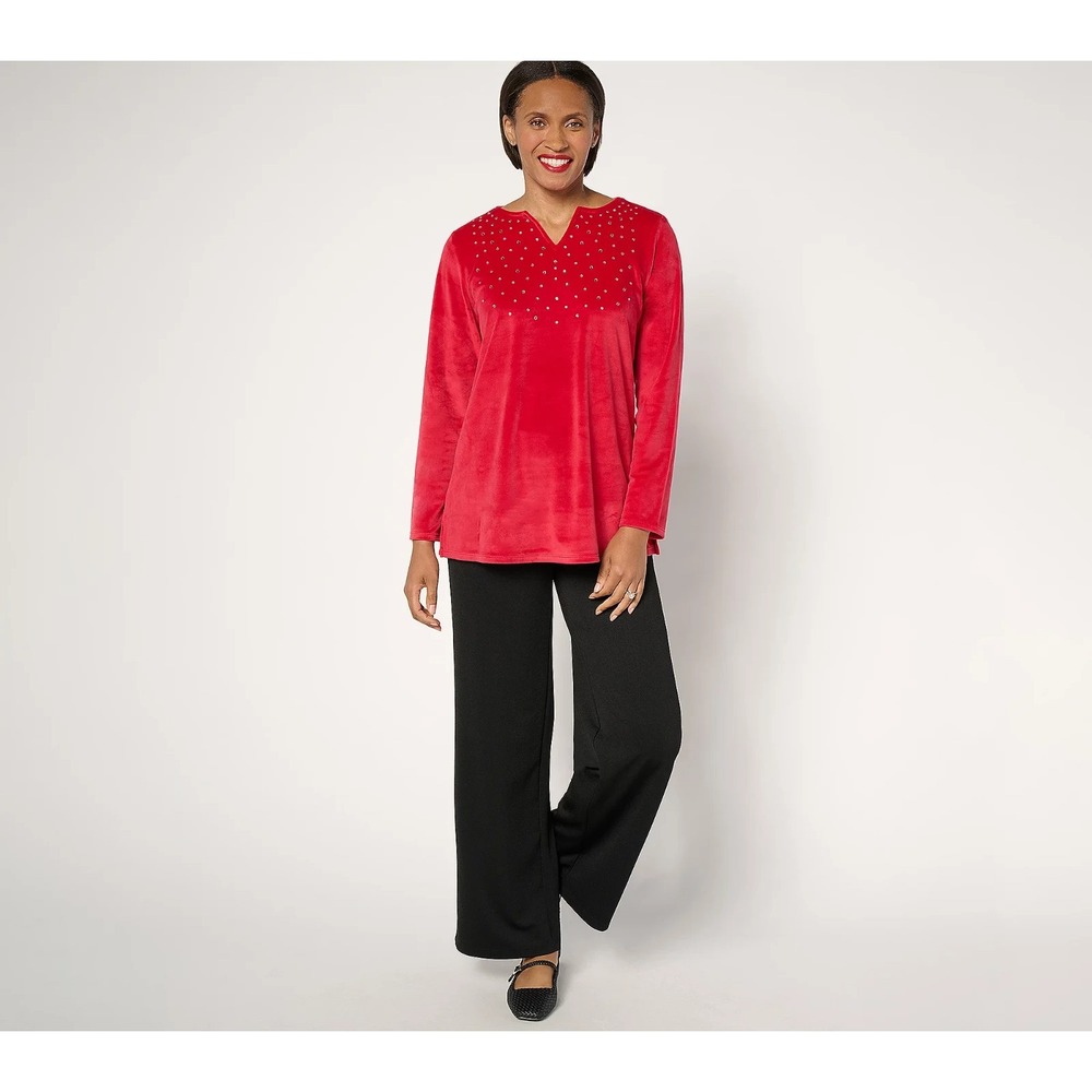 Quacker Factory Sparkle & Shine Split Neck Long sleeve Velour Tunic Ruby, L 828G